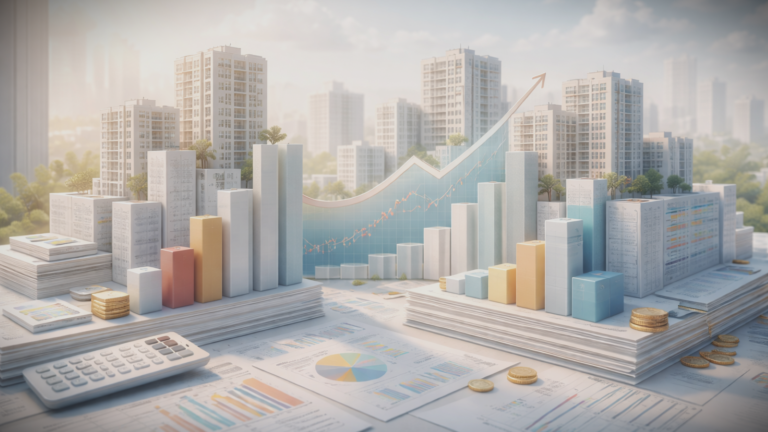 Ljus konceptuell illustration där bostadshus formas av diagram, staplar och finansiella data som symboliserar bostadsmarknadens finansialisering och systemrisk.