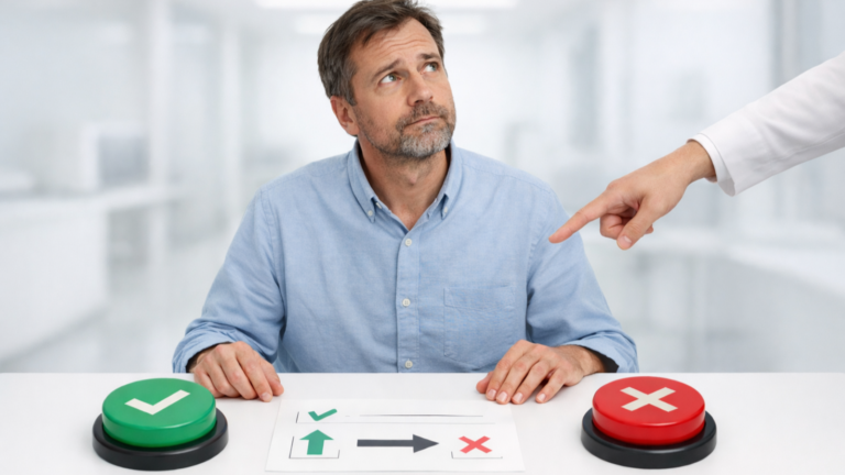Medelålders man i enkel skjorta sitter vid ett bord med gröna och röda valknappar, medan en anonym hand pekar vad han ska välja, som symbol för hur myndigheter förenklar beslut och begränsar individens ansvar.