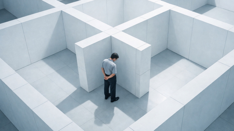 En ensam man står i ett ljust, minimalistiskt rum med höga geometriska väggar som bildar ett labyrintliknande mönster, sett uppifrån, vilket symboliserar hur individen formas och begränsas av organisatoriska strukturer.