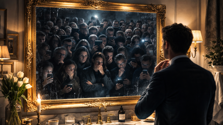 En välklädd man står i ett elegant, varmt upplyst badrum och justerar sin krage framför en stor spegel med guldram. I spegeln syns dock inte hans egen spegelbild, utan en tät, allvarlig folksamling som betraktar honom med kritiska blickar. Kontrasten mellan den harmoniska miljön och de mörka, dömande ansiktena förstärker känslan av övervakning och social kontroll.