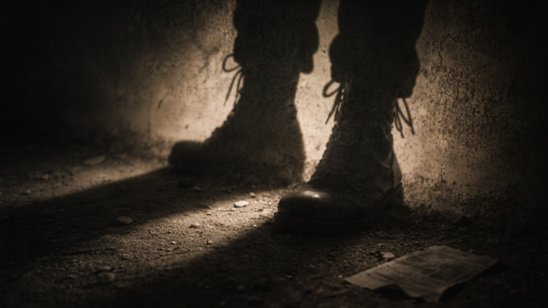 Skuggan av ett par kraftiga snörkängor faller dramatiskt mot en rå, mörk vägg i ett dämpat ljus. Själva kängorna syns endast delvis i förgrunden, medan deras silhuett framträder tydligt och hotfullt på ytan bakom, vilket skapar en suggestiv känsla av närvaro, makt och latent hot.