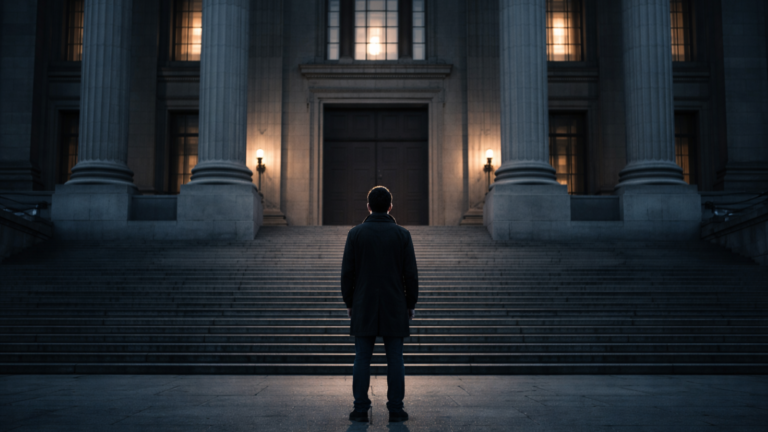 En ensam person står nedanför en stor monumental myndighetsbyggnad i skymningsljus, vänd mot entrén, som en symbol för individens ansvar och ställning inför lag och institutioner.