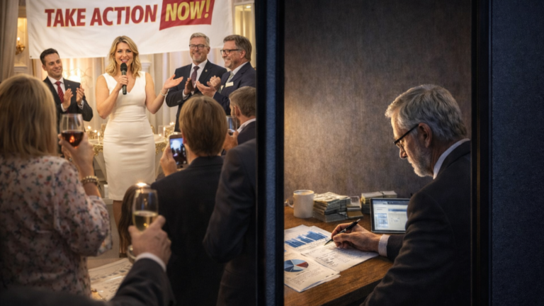 En delad bild: till vänster en ljus och exklusiv välgörenhetsgala där en kvinna håller tal inför en applåderande publik, till höger en ensam man som i ett avskilt rum analyserar siffror och dokument. Kontrasten visar avståndet mellan synlig moralisk signalering och anonymt analytiskt arbete.