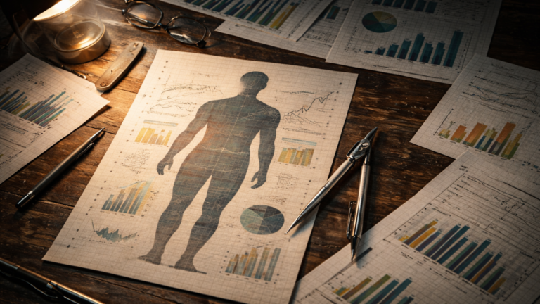 En ljus arbetsyta med spridda dokument, statistiska diagram och handskrivna anteckningar. I centrum ligger en ensam figur i färg ovanpå ett svartvitt gruppfoto, vilket visuellt kontrasterar individ och kollektiv och antyder spänningen mellan statistik och personliga erfarenheter.