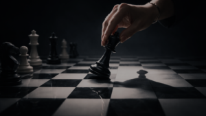 Kvinnohand flyttar schackpjäs i mörkt ljus, symbol för politisk strategi, retorik och makt.