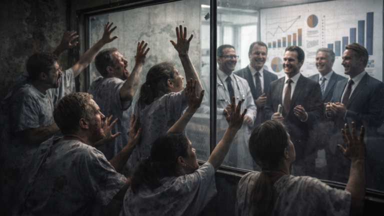 Sjukliga patienter i slitna sjukhuskläder står i ett mörkt och nedgånget rum och bankar desperat på en glasvägg. På andra sidan syns läkare och politiker i kostymer, upplysta av starkt ljus, som ler och diskuterar positiva diagram och statistik utan att uppmärksamma patienterna.