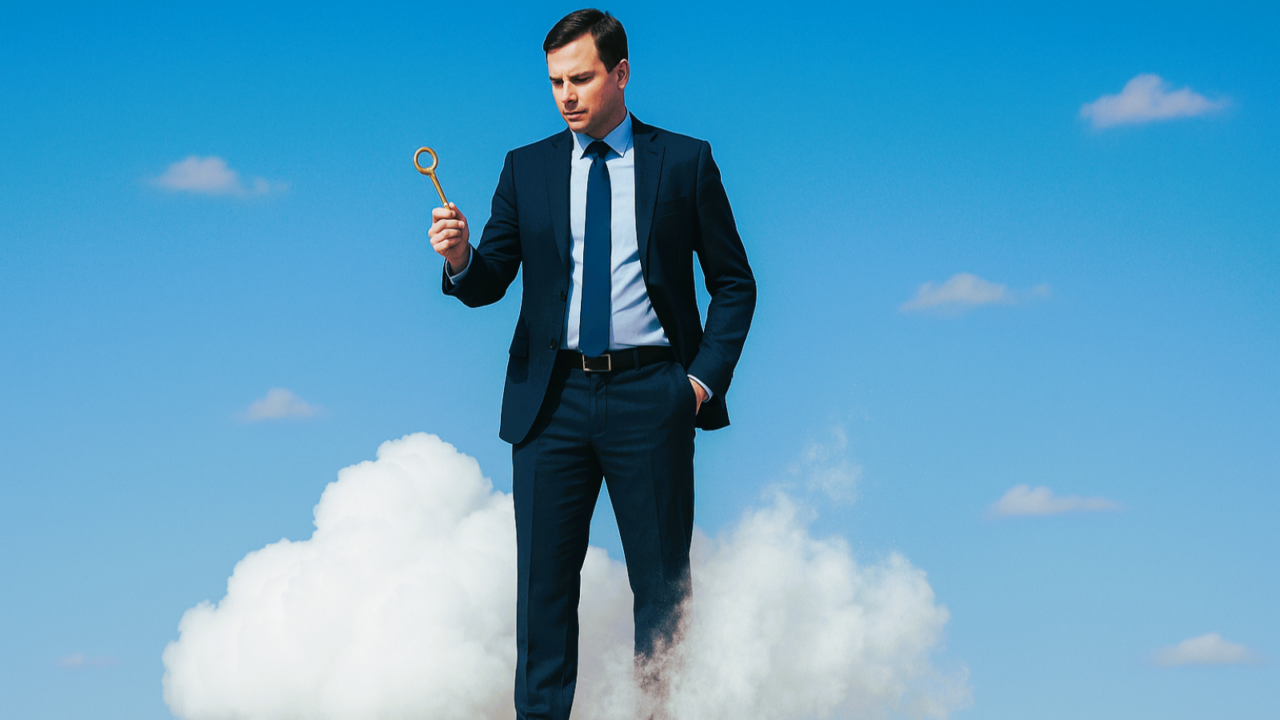 En man i kostym som står på ett moln. I handen håller han en guldnyckel.