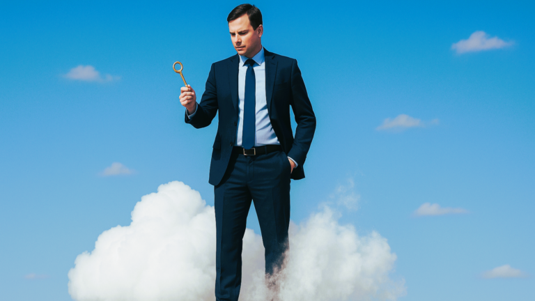 En man i kostym som står på ett moln. I handen håller han en guldnyckel.