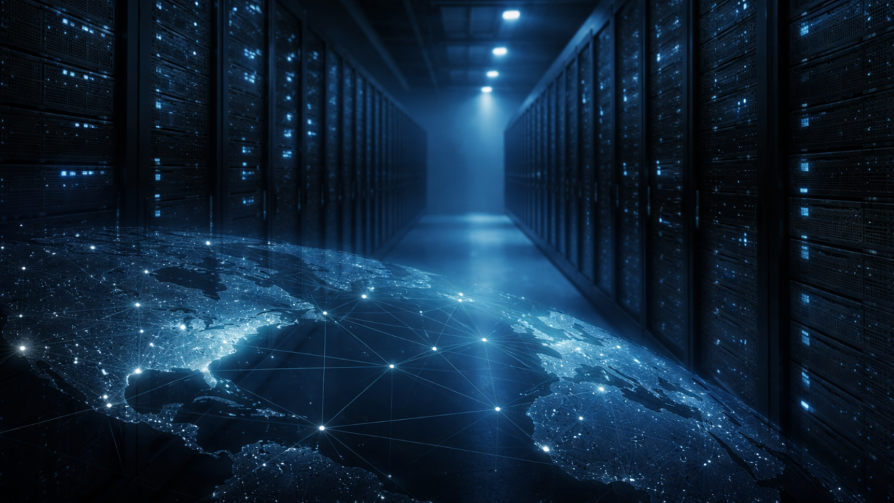 Mörk serverhall med rader av dataskåp i kallt blått ljus, symboliserande digital infrastruktur och kontroll.