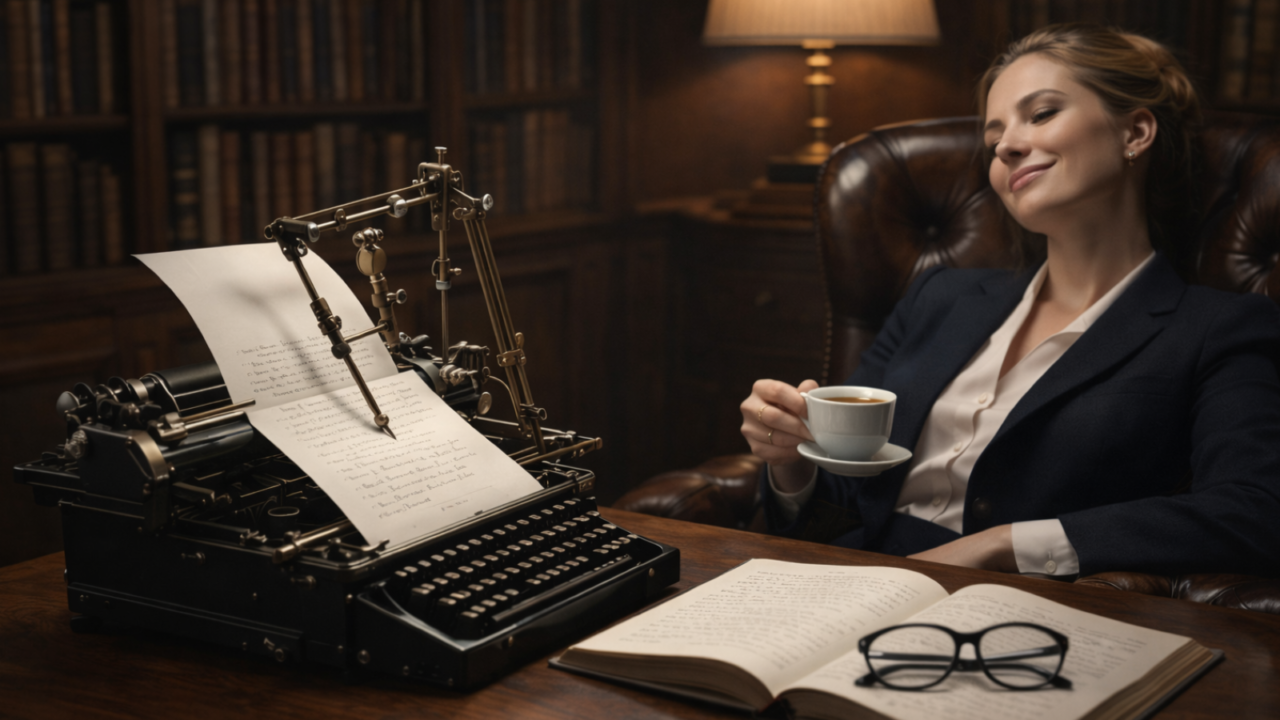 Alt-text: En elegant kvinna sitter tillbakalutad i ett bibliotek och dricker kaffe medan en mekanisk anordning skriver text åt henne på en skrivmaskin. En öppen bok och ett par glasögon ligger på skrivbordet framför henne.