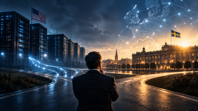En beslutsfattare står vid ett vägskäl mellan amerikanska datacenter och svensk offentlig förvaltning, sammanbundna av digitala nätverk över Europa.